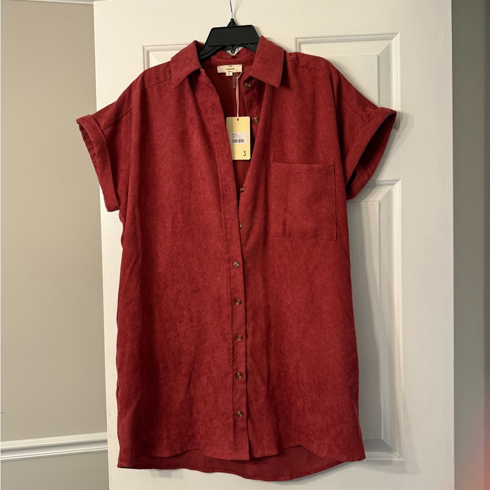 Entro Red Casual Button Down Shirt Dress
